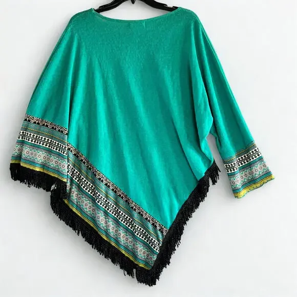 Adore Teal Tapestry Fringe Sweater Size XLarge One Sleeve  One Open Side - Picture 3 of 7